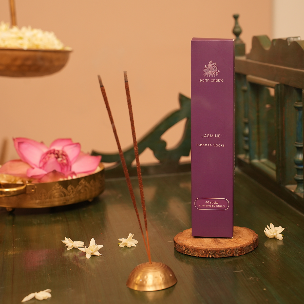 Hammered Pooja Thali with Incense Sticks & Cones | Jasmine