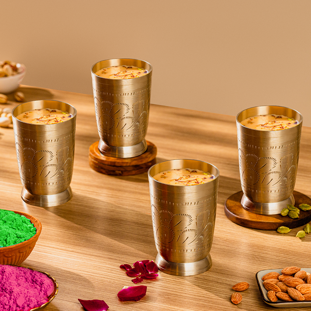 Brass Thandai Glasses | Set of 4 | Ulchai Handwork