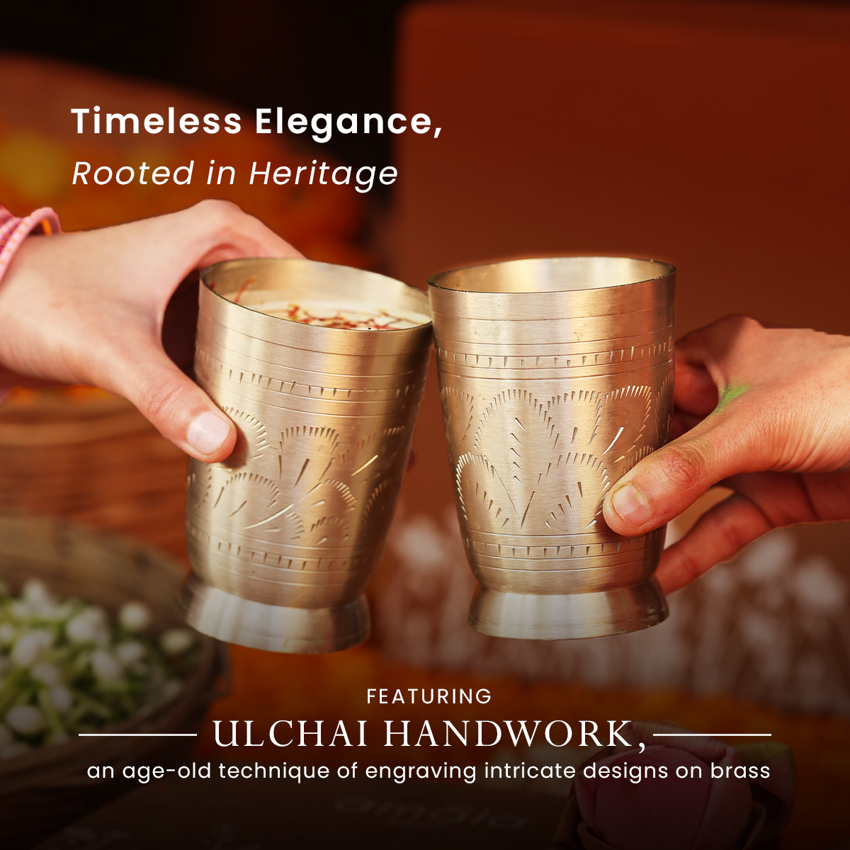 Brass Thandai Glasses | Set of 4 | Ulchai Handwork