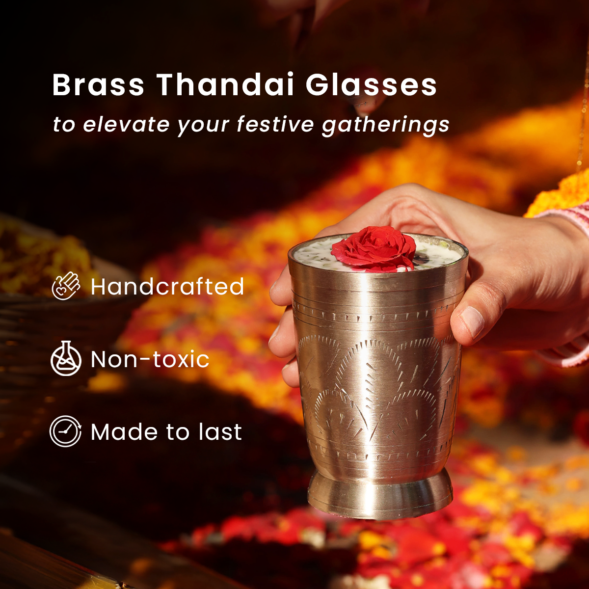 Brass Thandai Glasses | Set of 2 | Ulchai Handwork