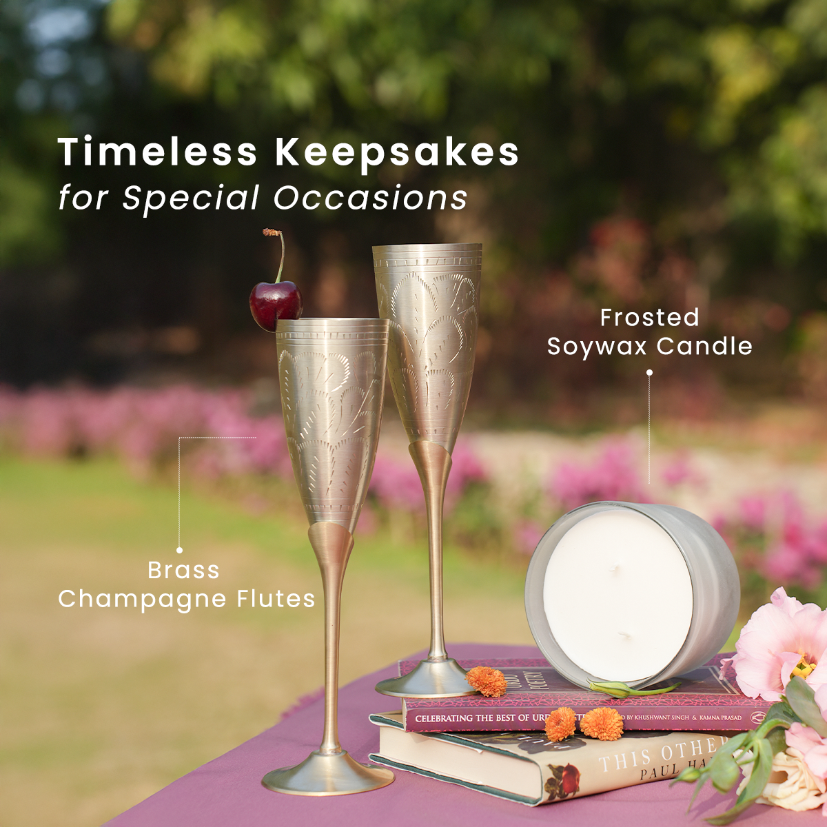 Brass Champagne Flute Glasses & Candle Set