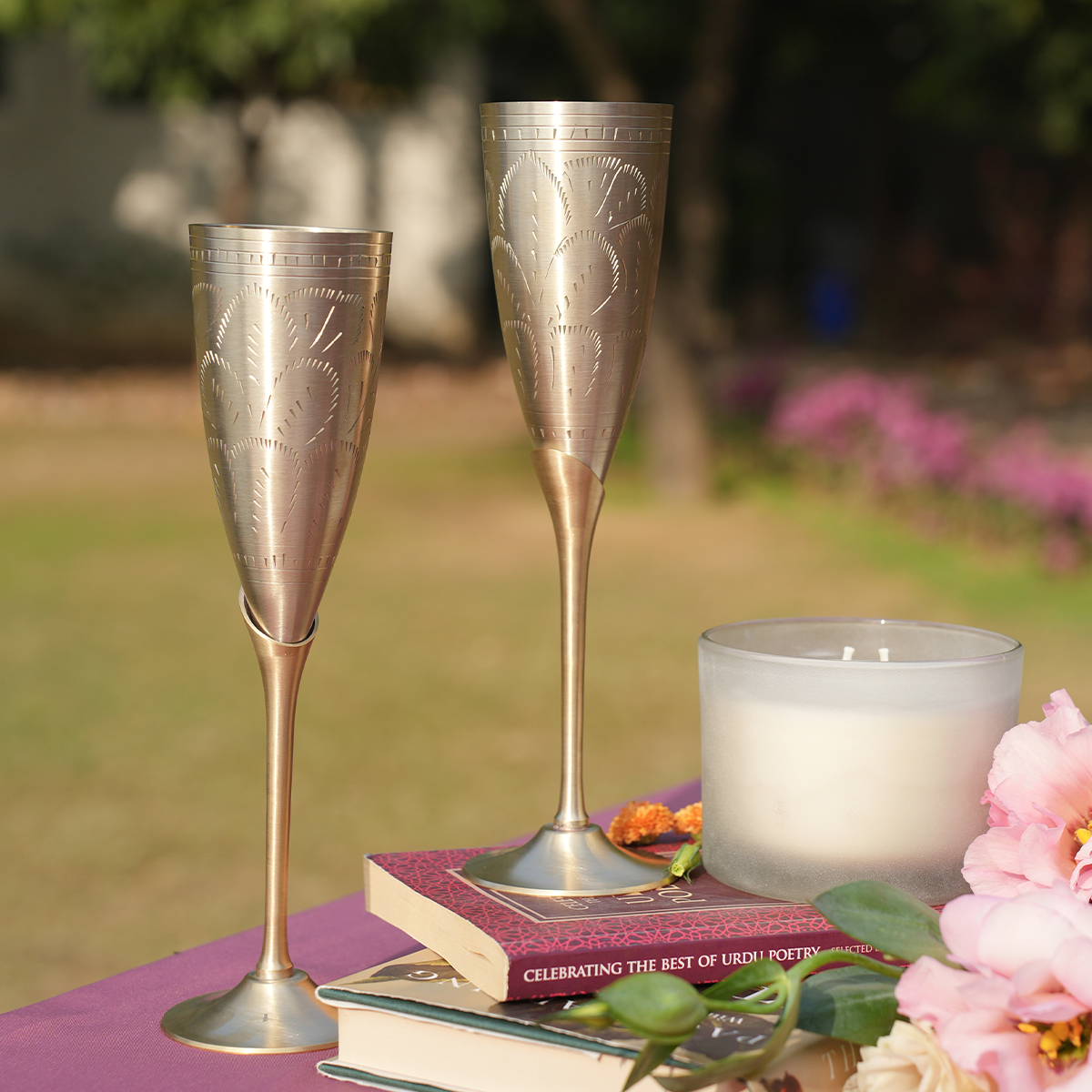 Brass Champagne Flute Glasses & Candle Set