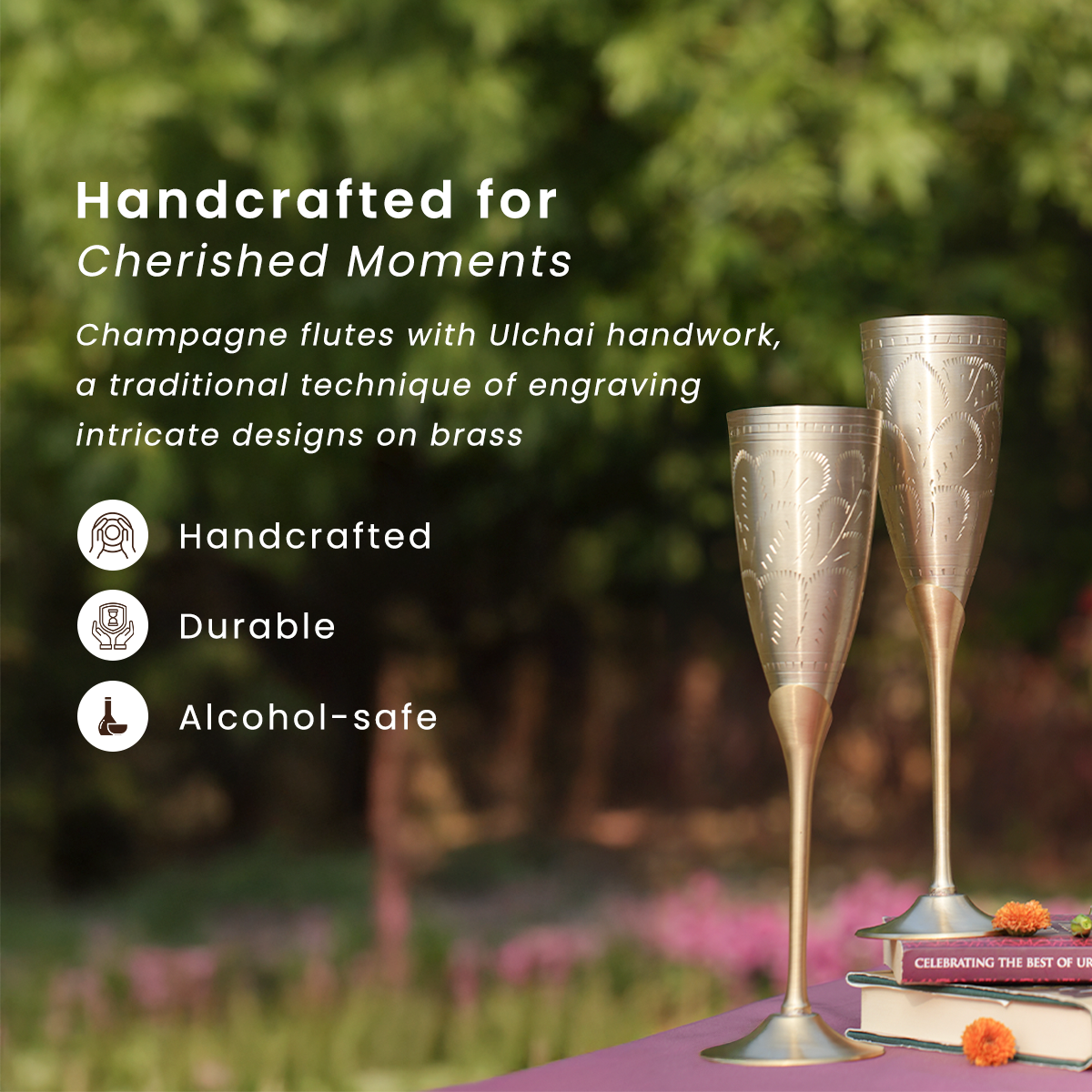 Brass Champagne Flute Glasses & Candle Set