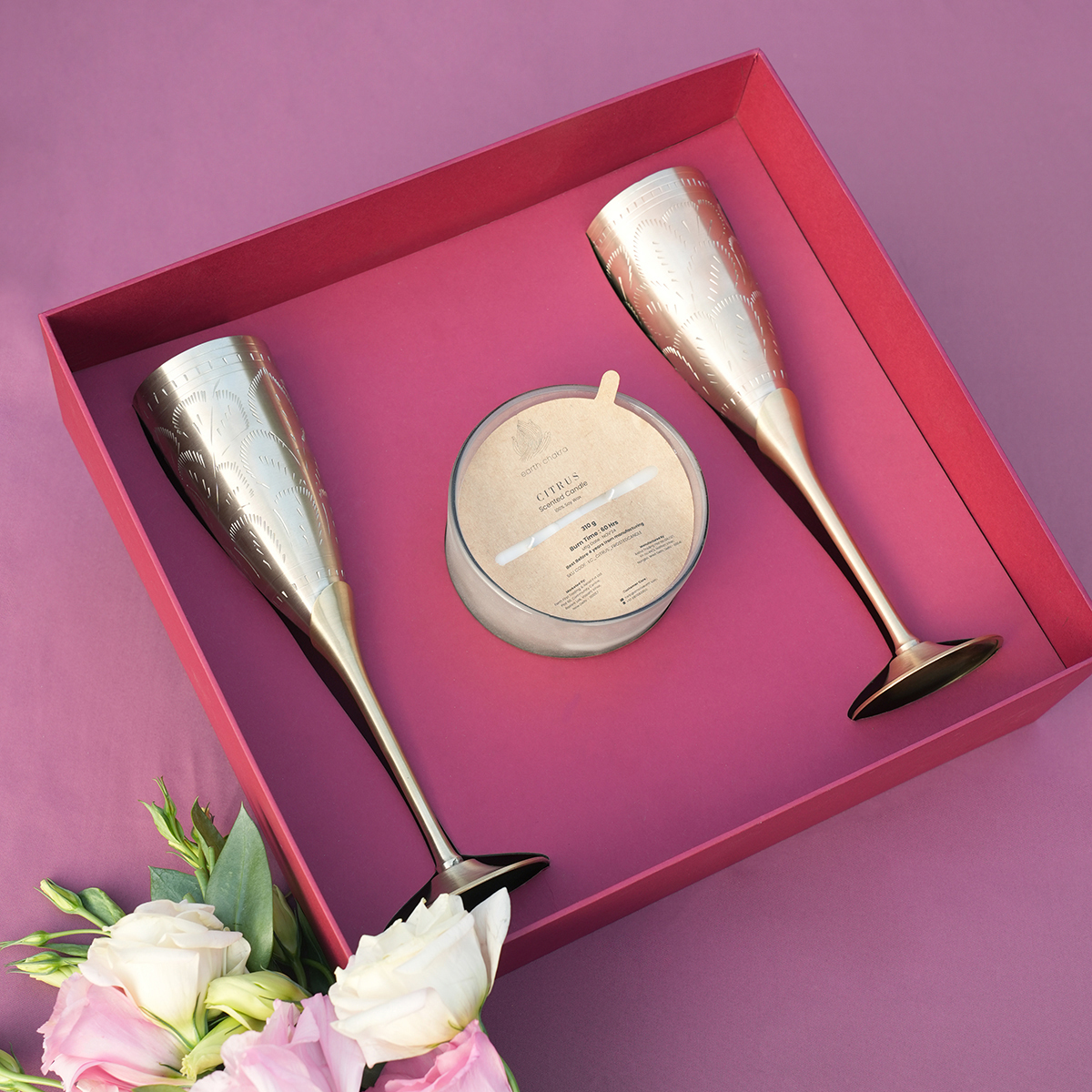 Brass Champagne Flute Glasses & Candle Set