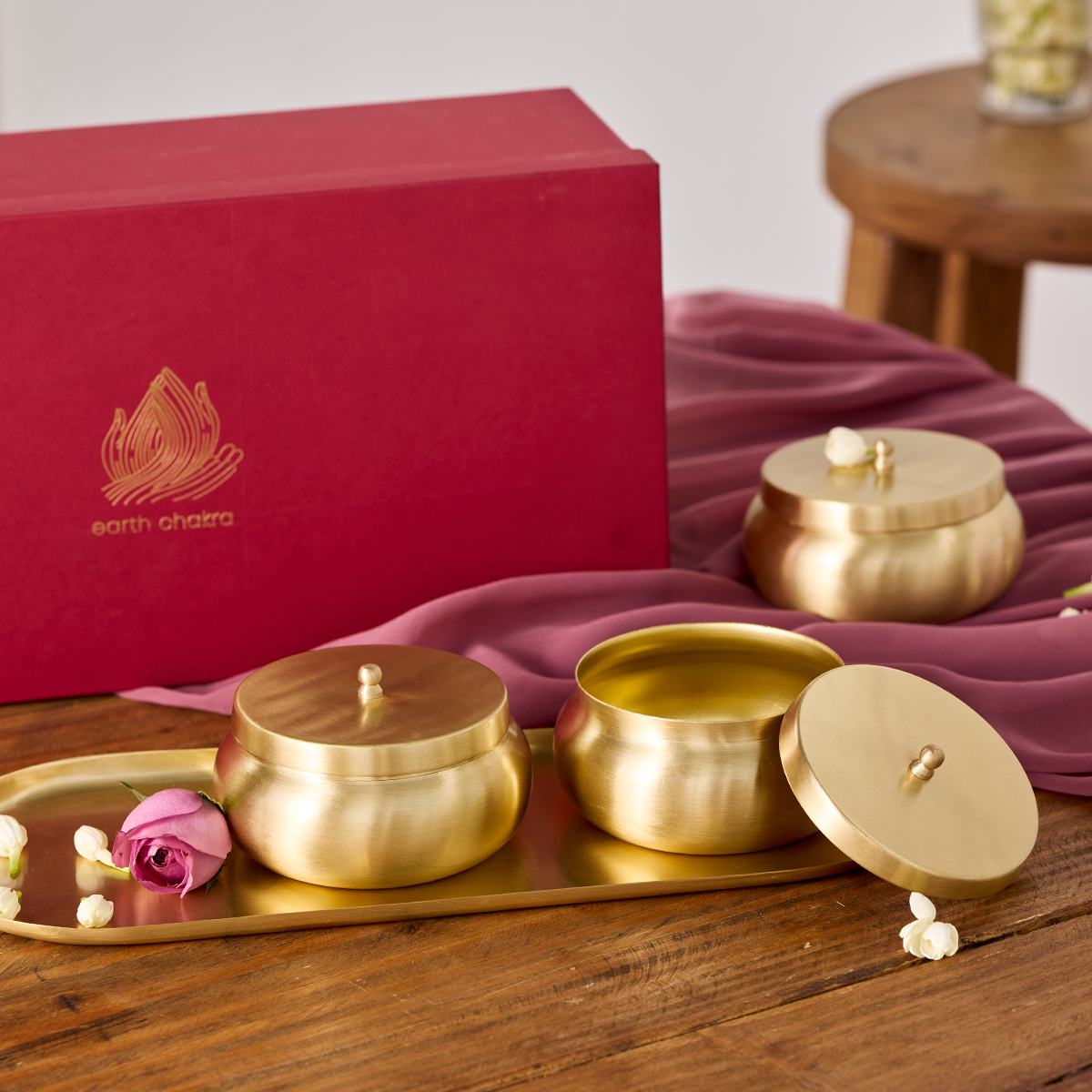 Pure Brass Nut Bowls with Tray | Wedding Gift Set | Handcrafted | Set of 4