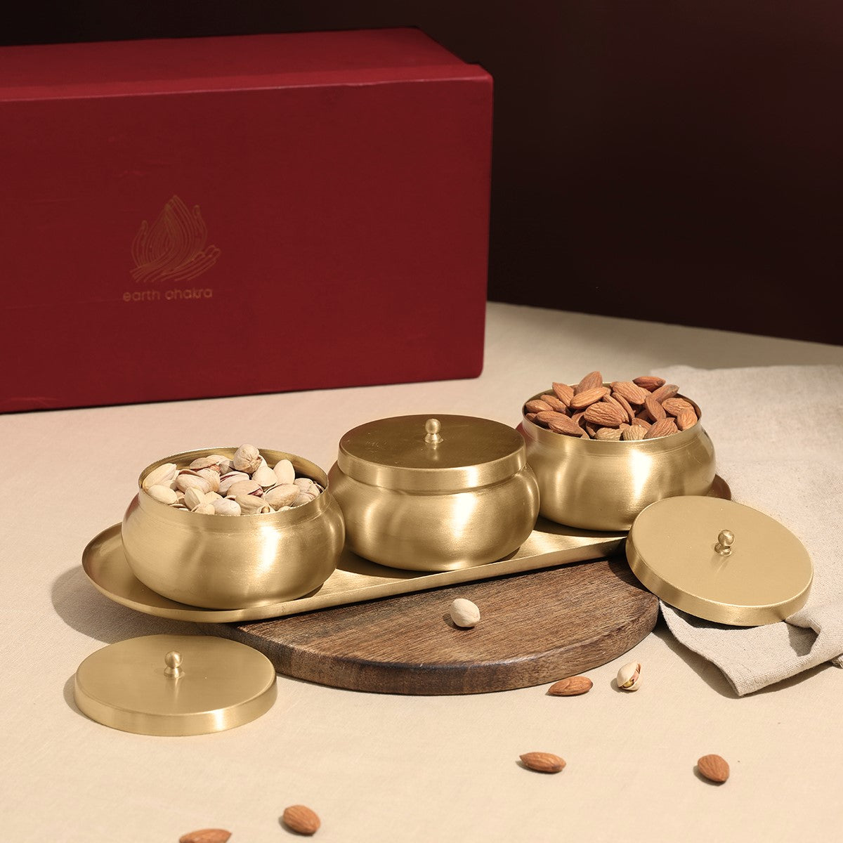 Pure Brass Nut Bowls with Tray | Wedding Gift Set | Handcrafted | Set of 4