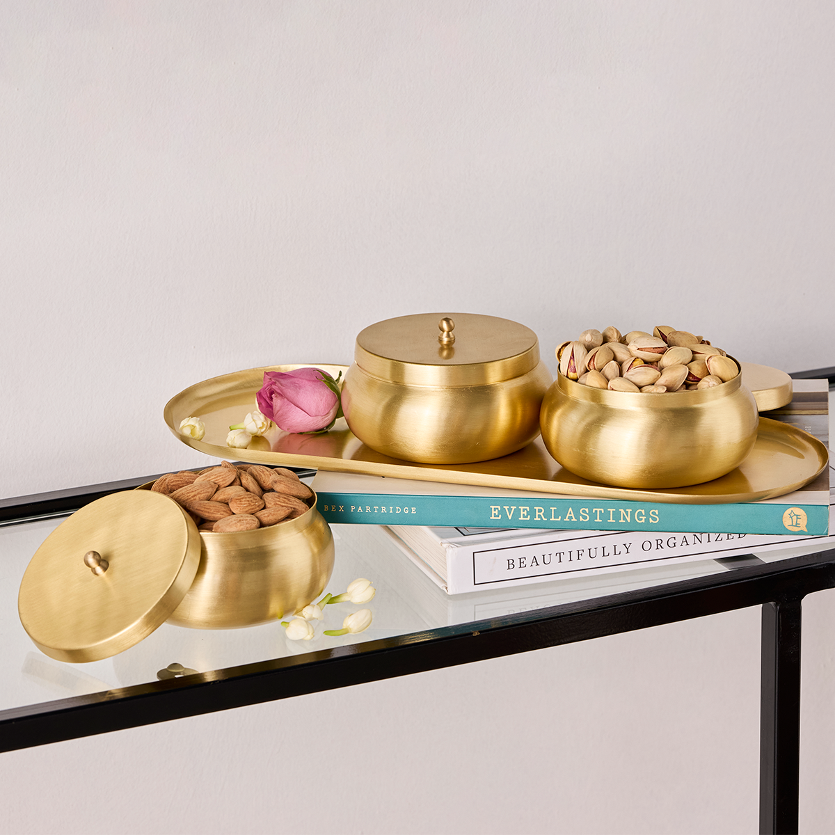 Pure Brass Nut Bowls with Tray | Wedding Gift Set | Handcrafted | Set of 4