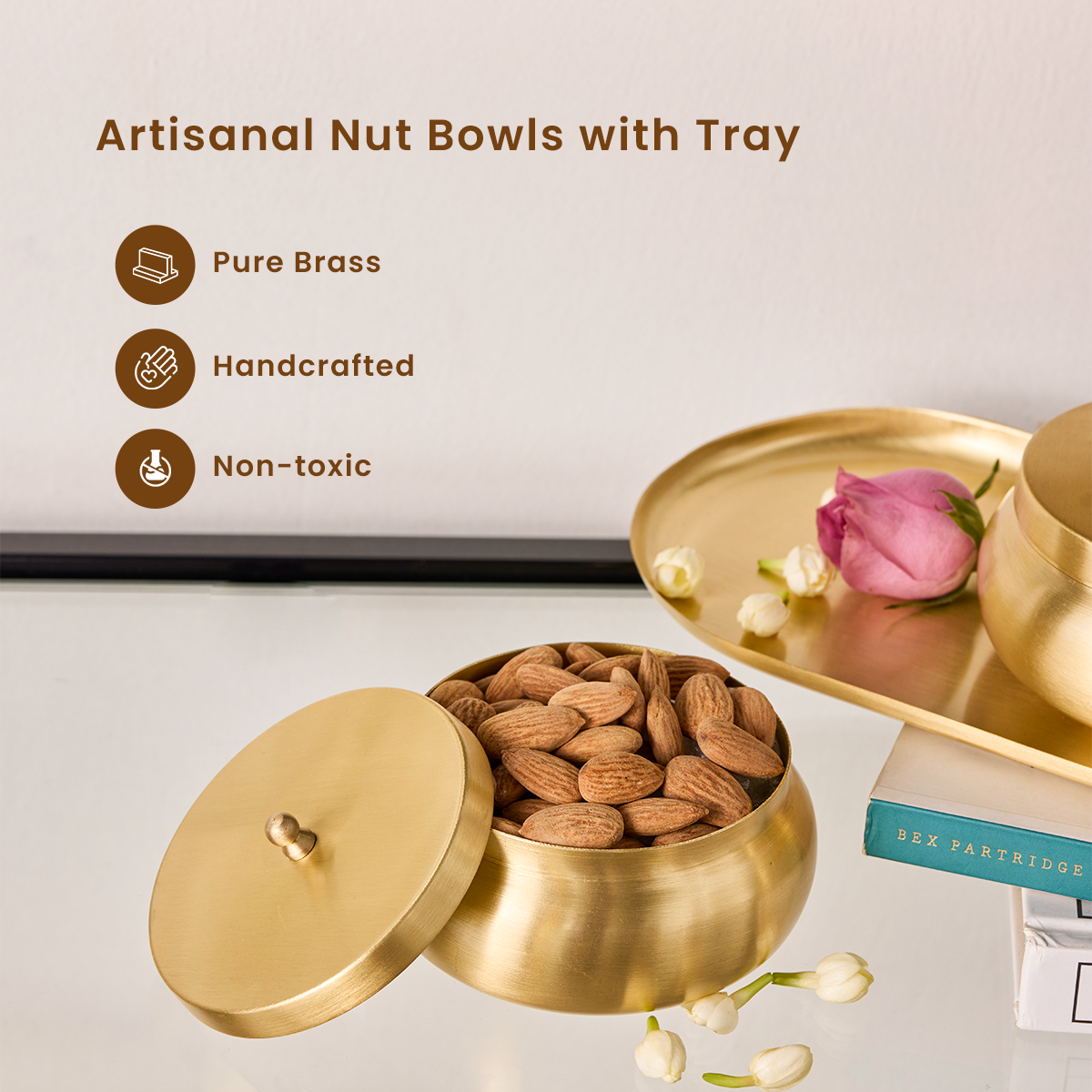 Pure Brass Nut Bowls with Tray | Wedding Gift Set | Handcrafted | Set of 4