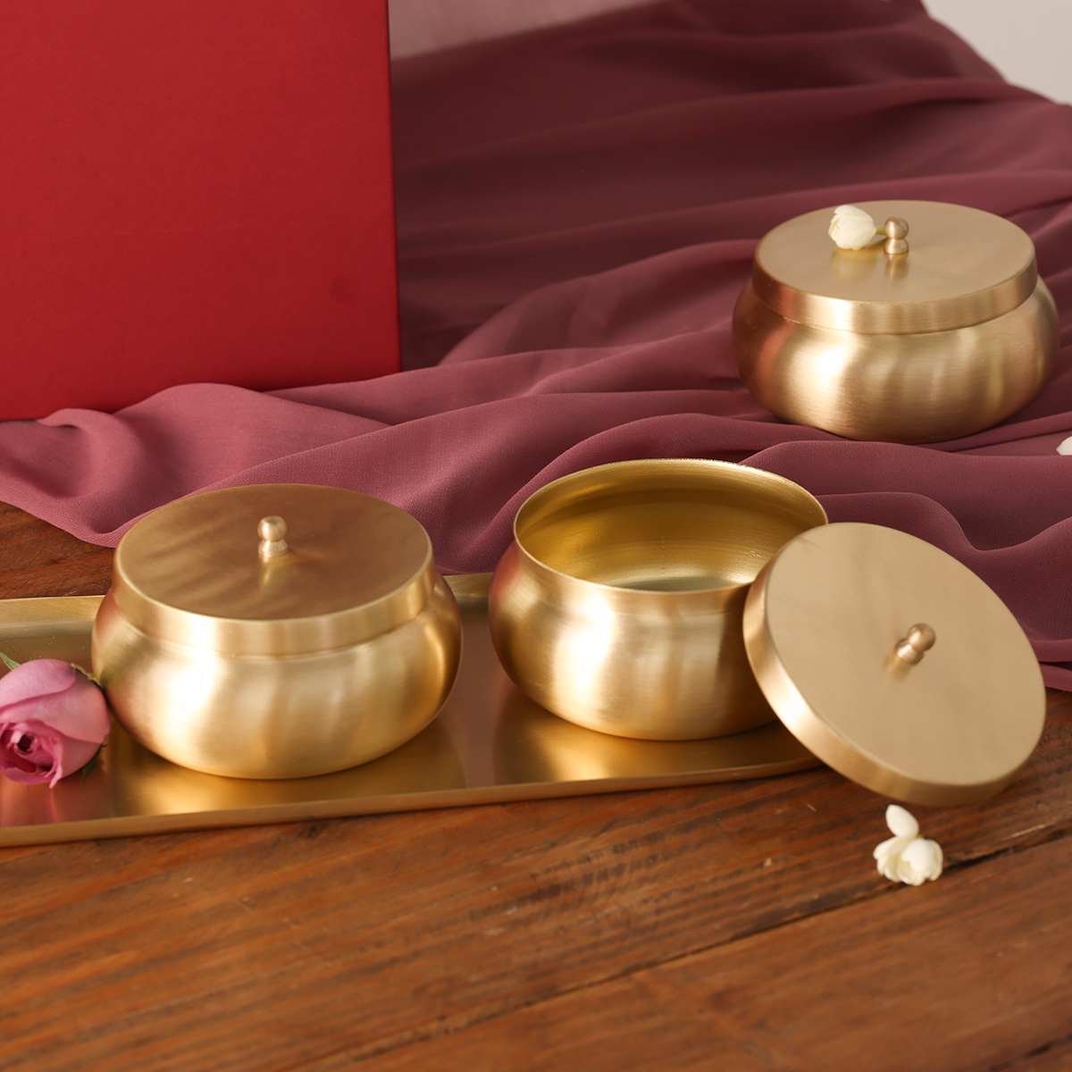 Pure Brass Nut Bowls with Tray | Wedding Gift Set | Handcrafted | Set of 4