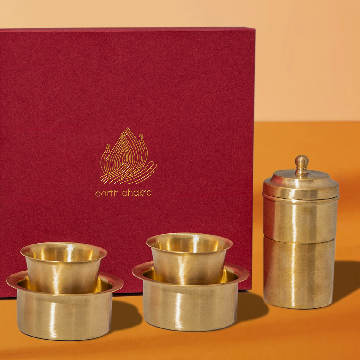 Pure Brass Filter Coffee & Dabara Set | Gold | Set of 3 | Gift Box Set