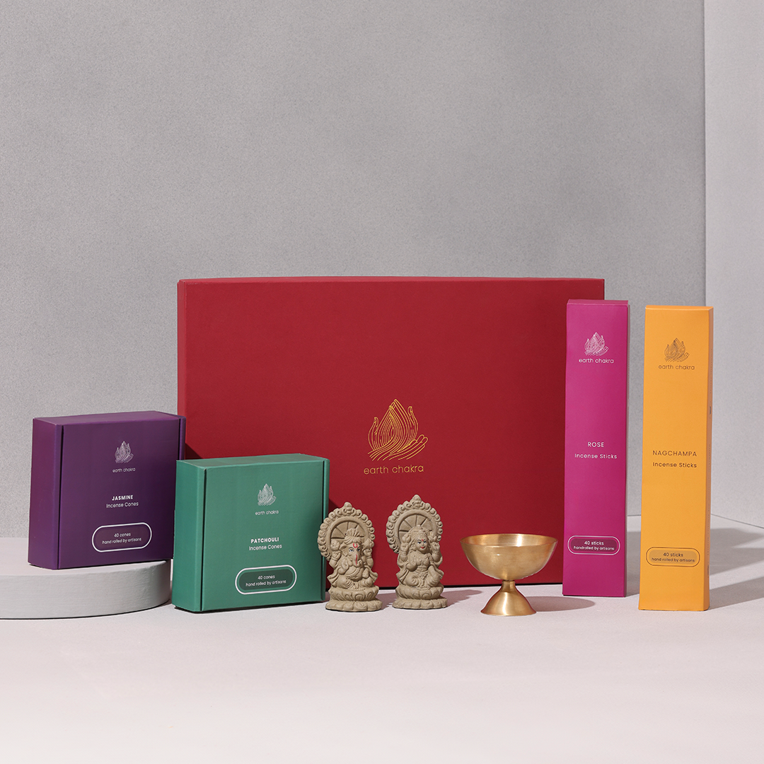 Gift Set | Pooja Set | 6 Pieces | Incense, Brass Diya & Plantable Idols