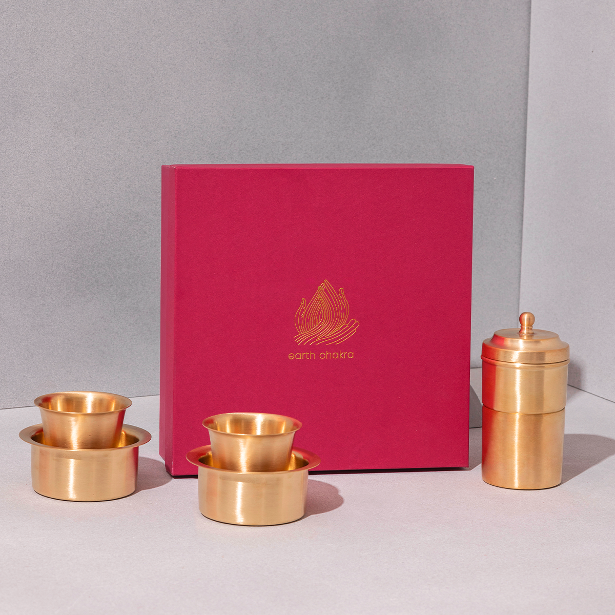 Pure Brass Filter Coffee & Dabara Set | Gold | Set of 3 | Gift Box Set