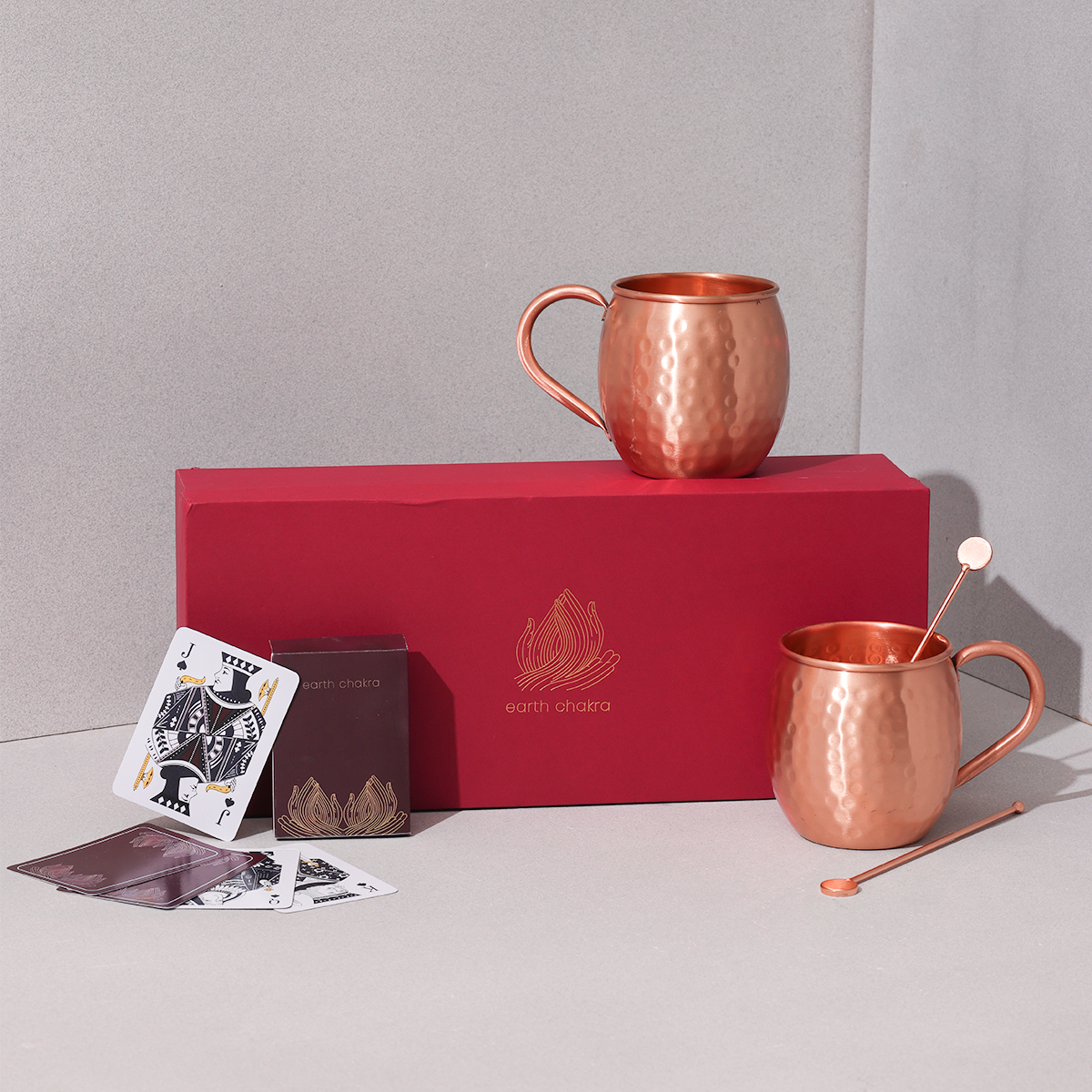 Pure Copper Moscow Mule Mugs with Stirrers and Playing Cards | Handcrafted 100% Pure Copper | Game Night Combo | Wedding Gift Hamper