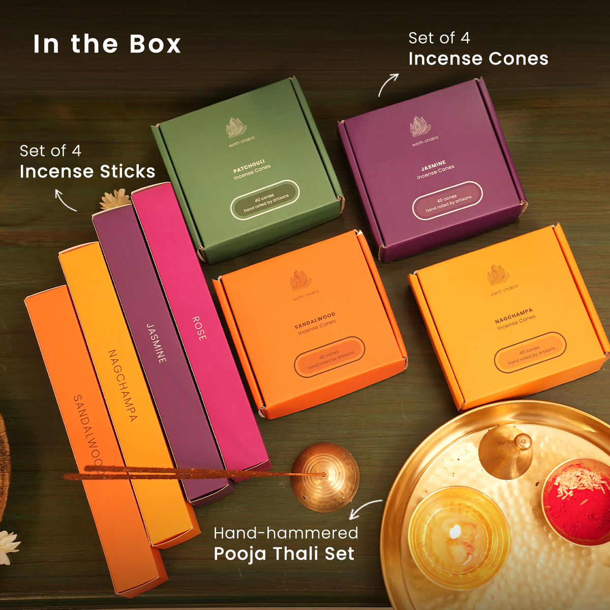 Hammered Pooja Thali with Set of 4 Incense Sticks & Cones