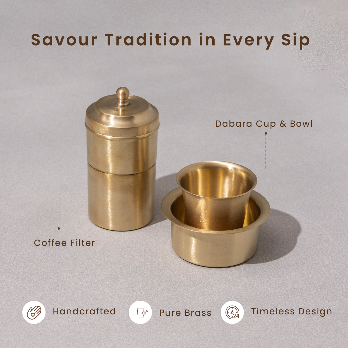 Pure Brass Filter Coffee & Dabara Set | Gold | Set of 3 | Gift Box Set