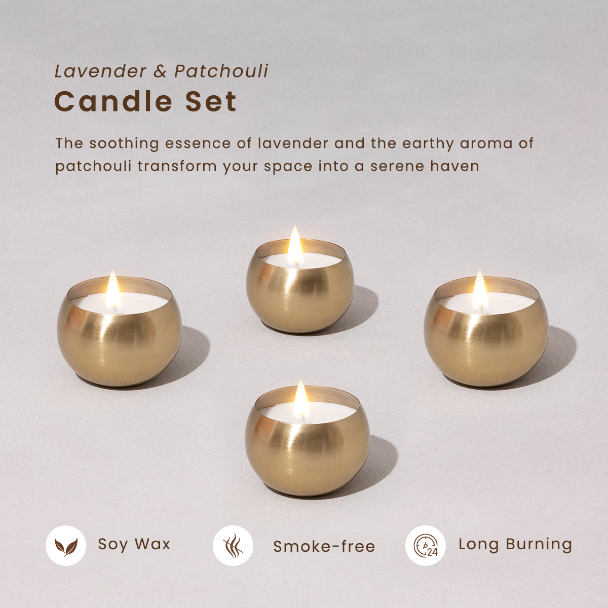 Brass Soy Wax Candles | Set of 4 | Lavender & Patchouli | Gift Box