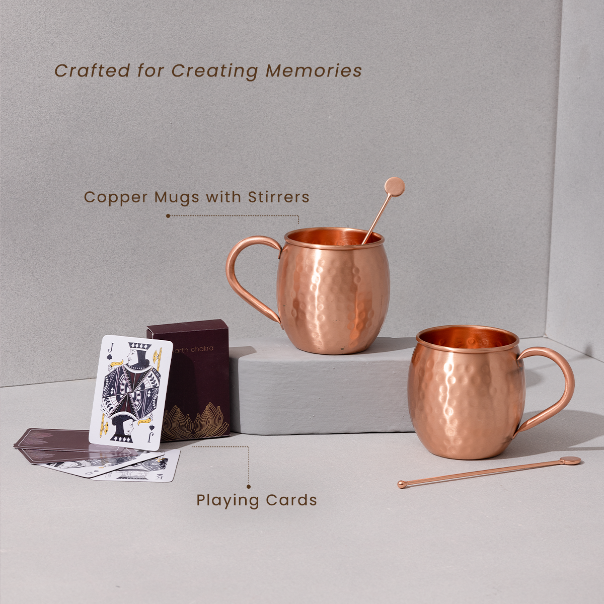 Pure Copper Moscow Mule Mugs with Stirrers and Playing Cards | Handcrafted 100% Pure Copper | Game Night Combo | Wedding Gift Hamper