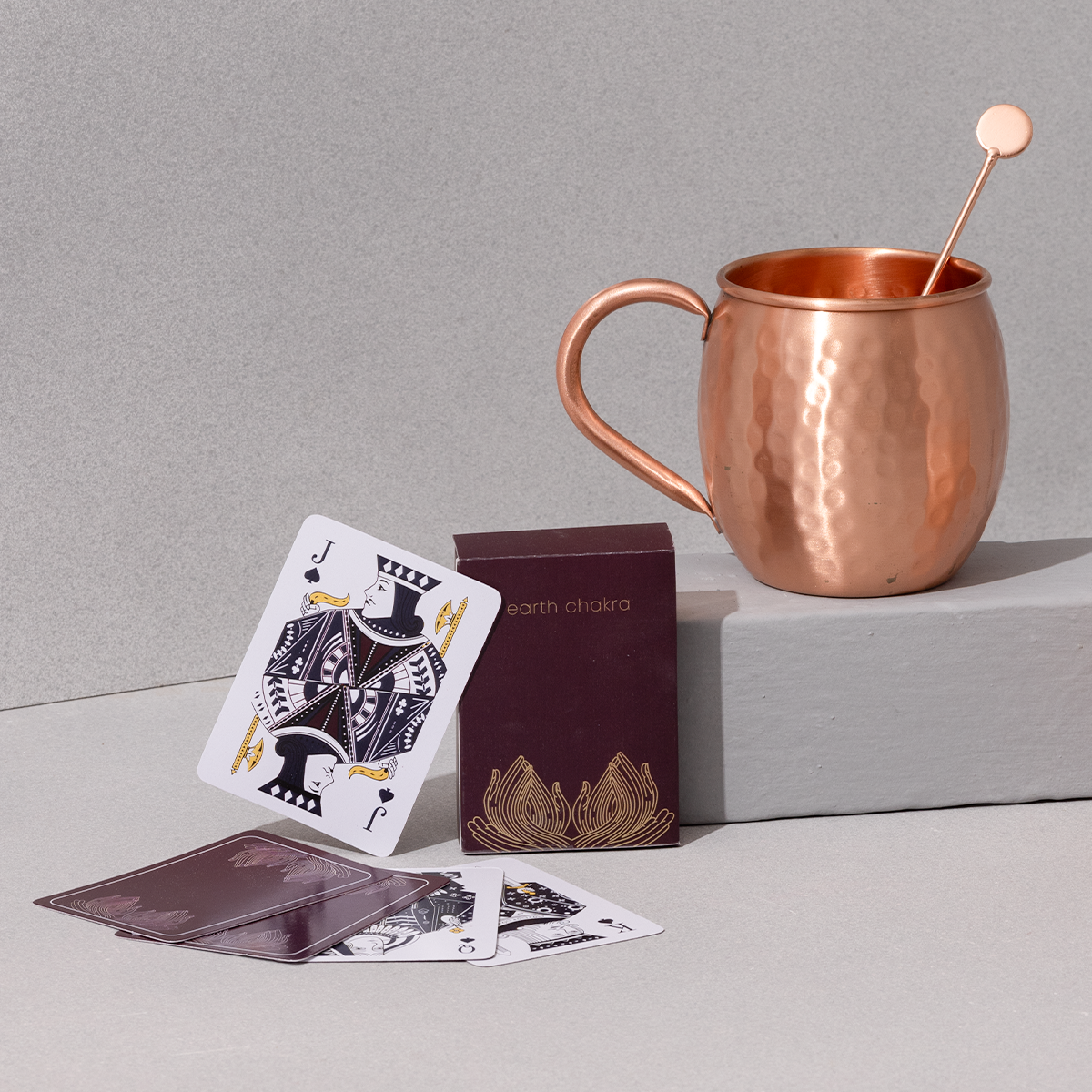 Pure Copper Moscow Mule Mugs with Stirrers and Playing Cards | Handcrafted 100% Pure Copper | Game Night Combo | Wedding Gift Hamper