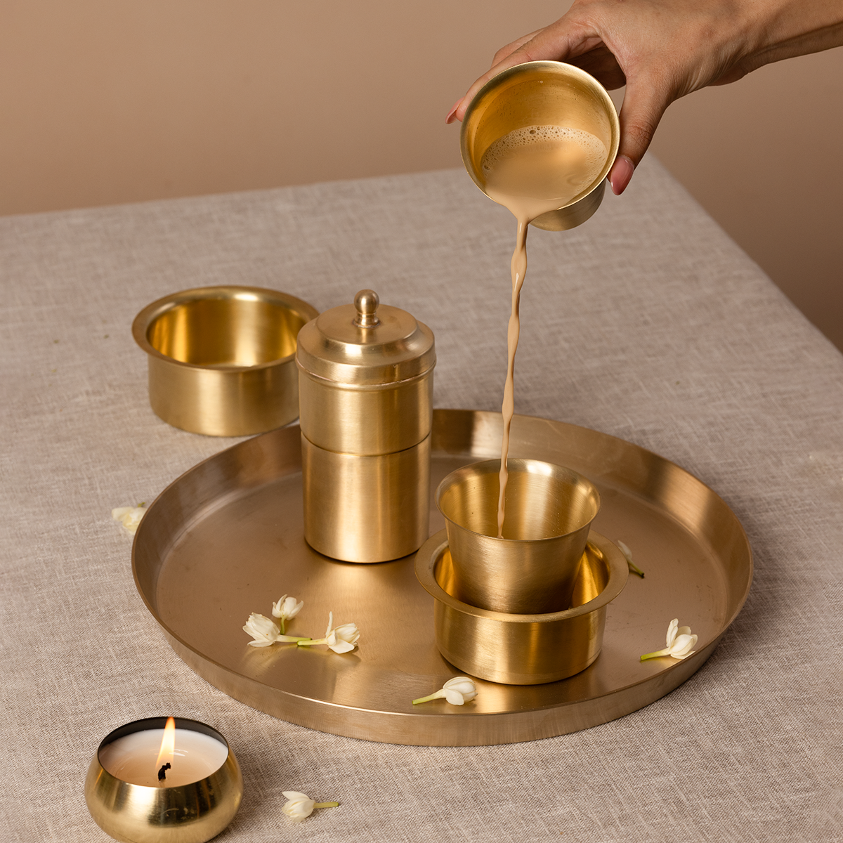 Pure Brass Filter Coffee & Dabara Set | Gold | Set of 3 | Gift Box Set