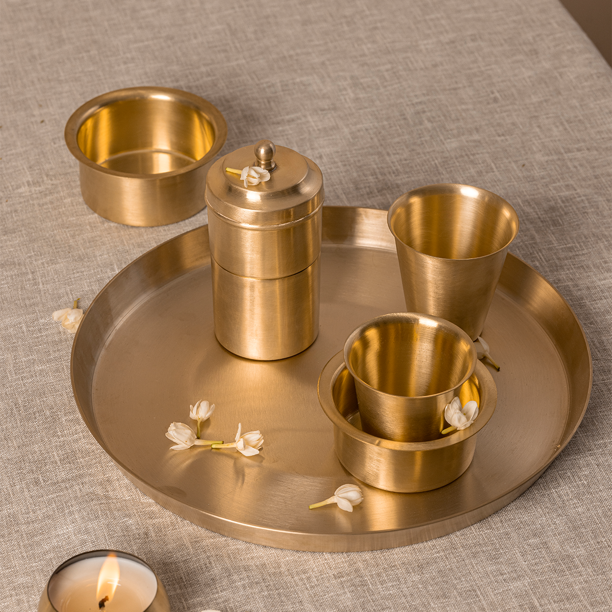 Pure Brass Filter Coffee & Dabara Set | Gold | Set of 3 | Gift Box Set