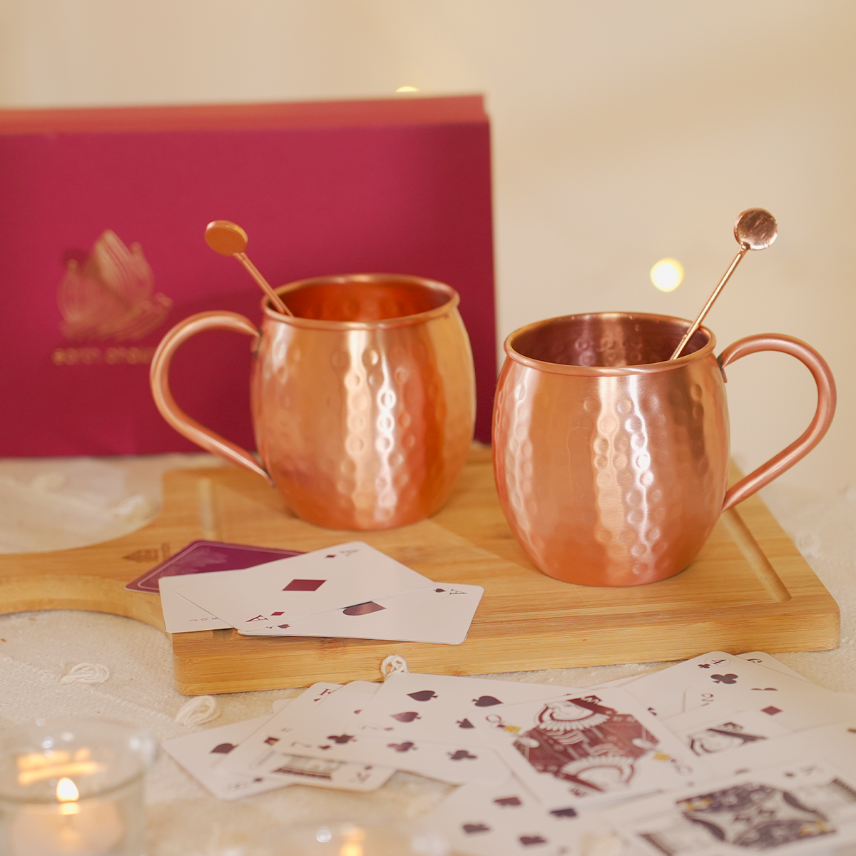 Pure Copper Moscow Mule Mugs with Stirrers and Playing Cards | Handcrafted 100% Pure Copper | Game Night Combo | Wedding Gift Hamper