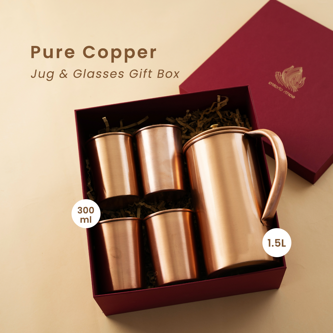 Pure Copper Jug & 4 Glasses with Gift Box | Wedding Gift Pack
