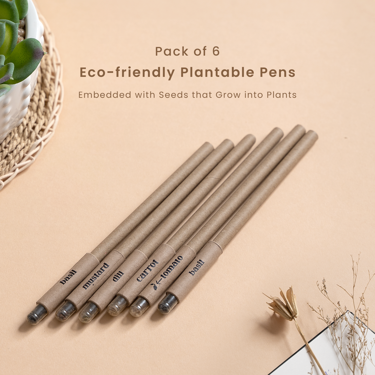 Plantable Seed Pens | Pack of 6 | Embedded with Seeds | Green