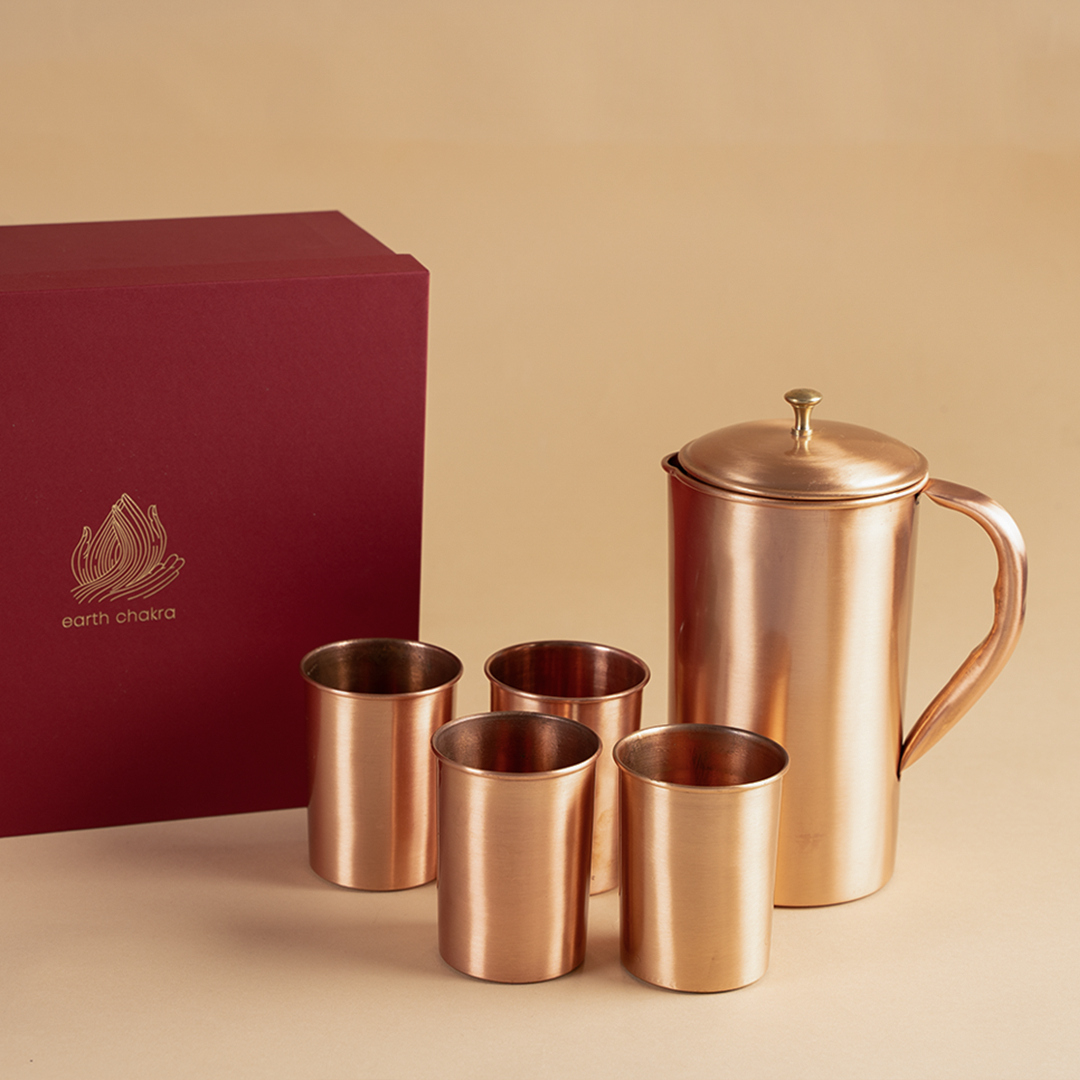 Pure Copper Jug & 4 Glasses with Gift Box | Wedding Gift Pack