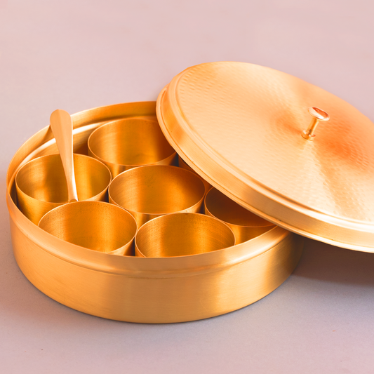 Brass Masala Box | 7 Containers | 8 inches | Hammered Lid