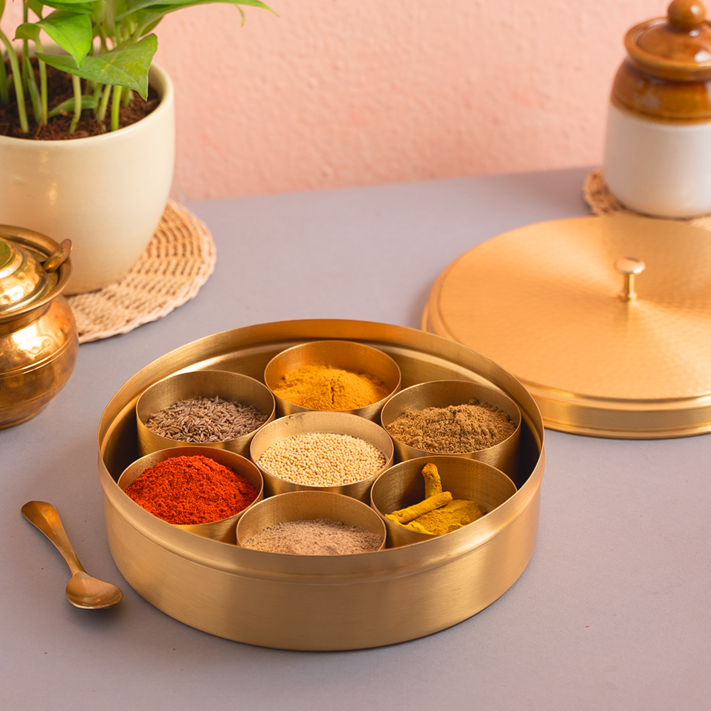 Brass Masala Box | 7 Containers | 8 inches | Hammered Lid