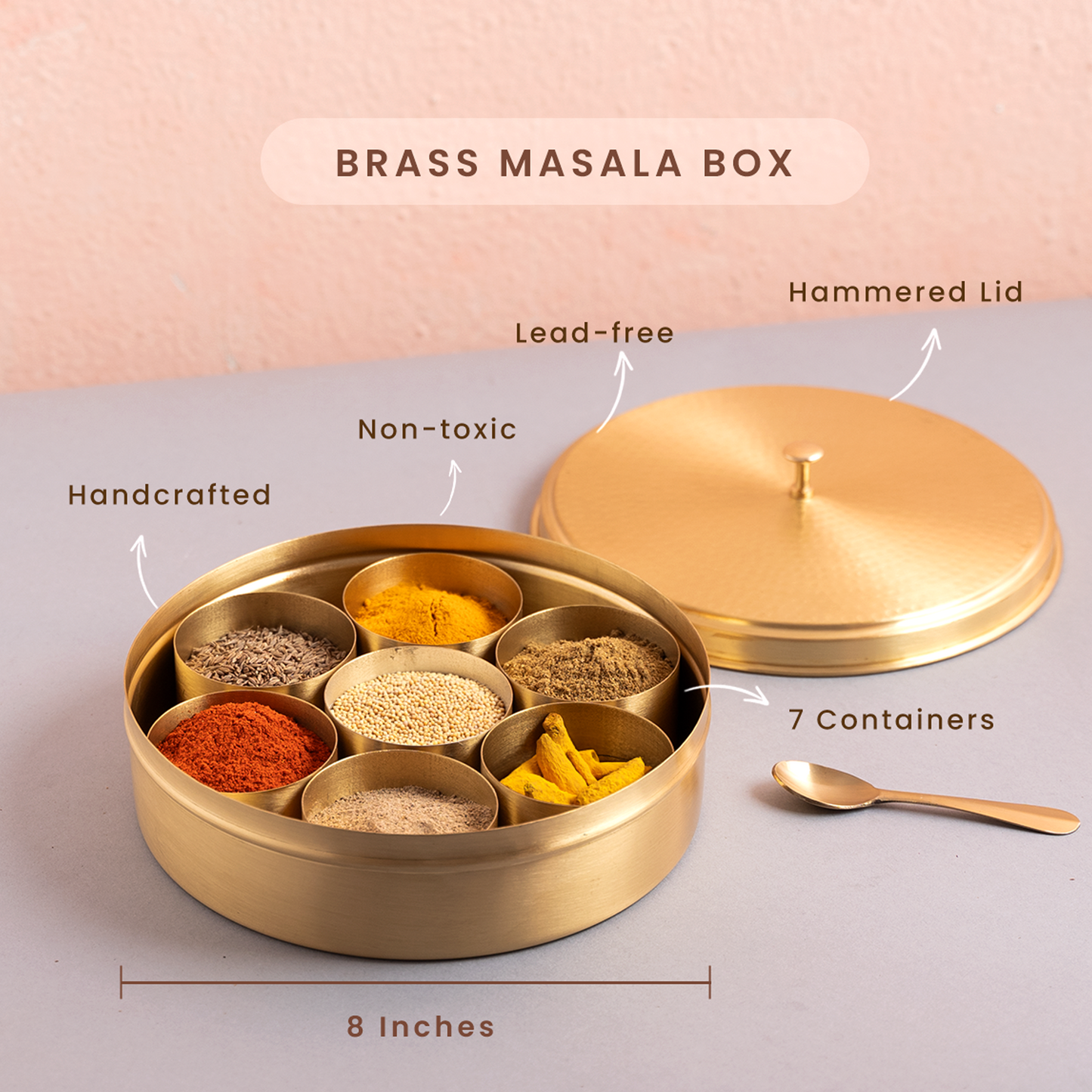 Brass Masala Box | 7 Containers | 8 inches | Hammered Lid