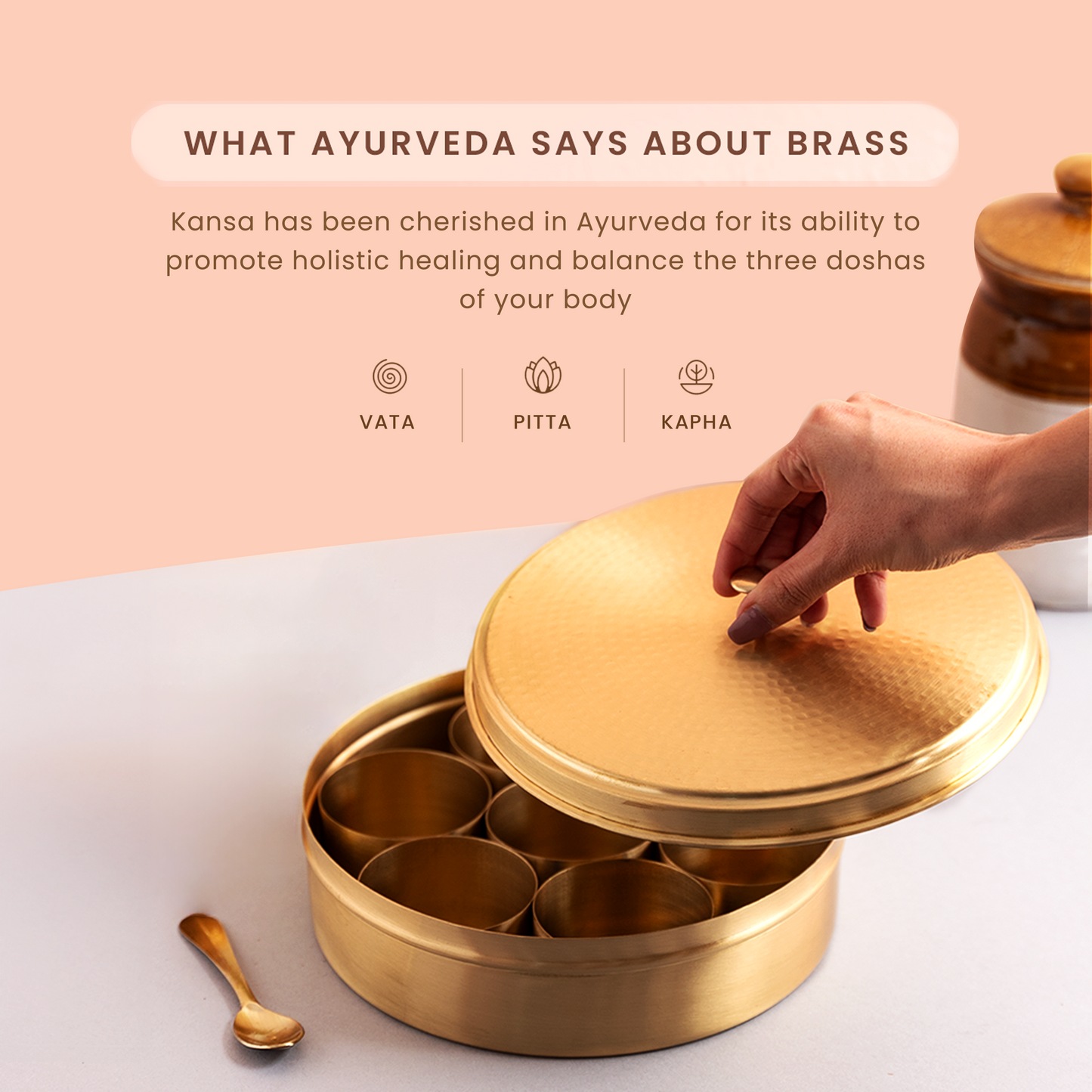 Brass Masala Box | 7 Containers | 8 inches | Hammered Lid