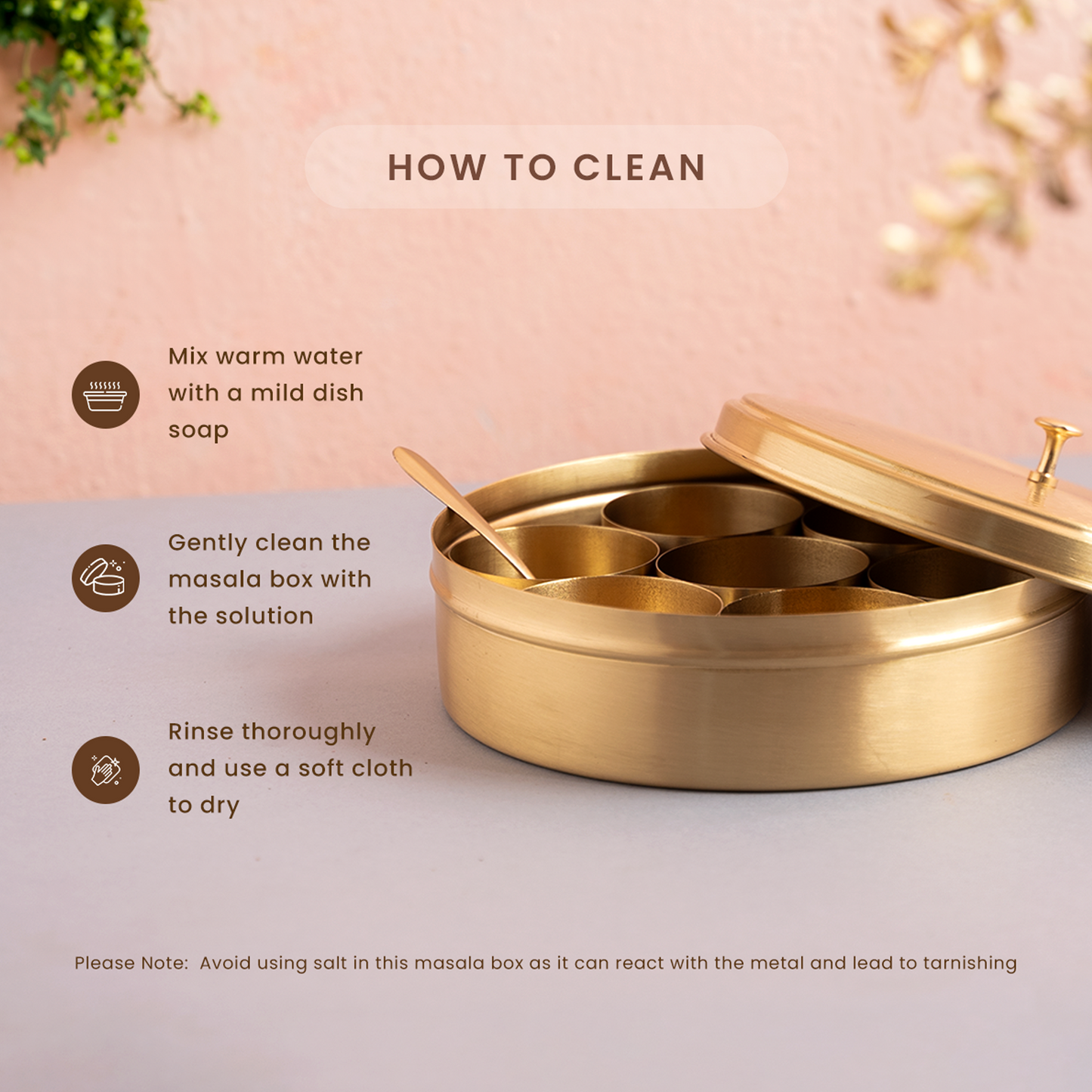 Brass Masala Box | 7 Containers | 8 inches | Hammered Lid