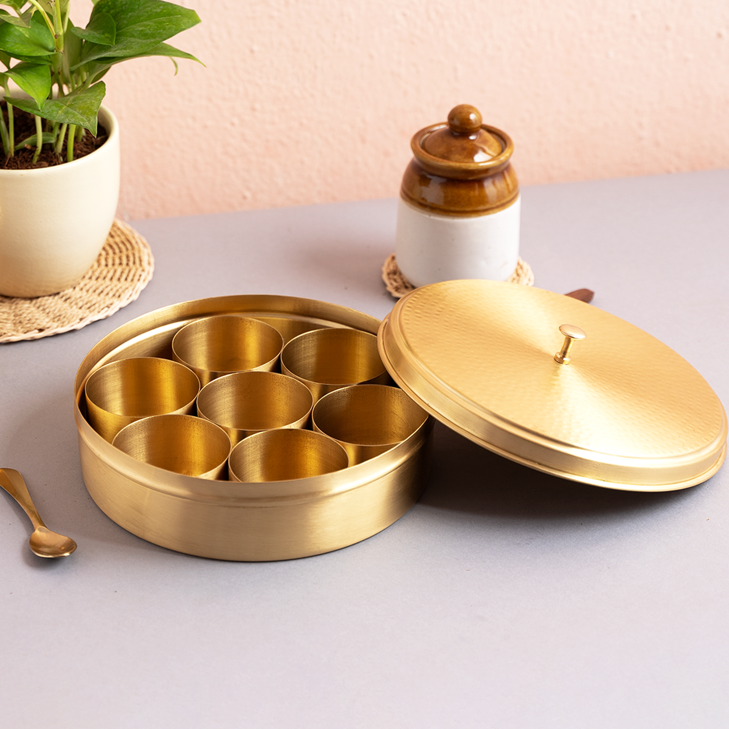 Brass Masala Box | 7 Containers | 8 inches | Hammered Lid