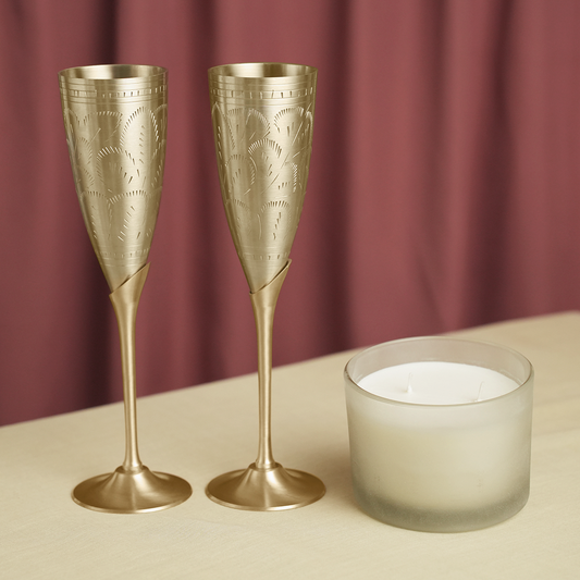 Brass Champagne Flute Glasses & Candle Set