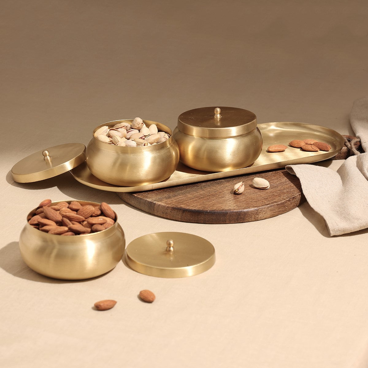 Pure Brass Nut Bowls with Tray | Wedding Gift Set | Handcrafted | Set of 4