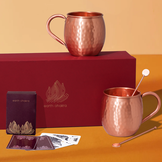 Pure Copper Moscow Mule Mugs with Stirrers and Playing Cards | Handcrafted 100% Pure Copper | Game Night Combo | Wedding Gift Hamper