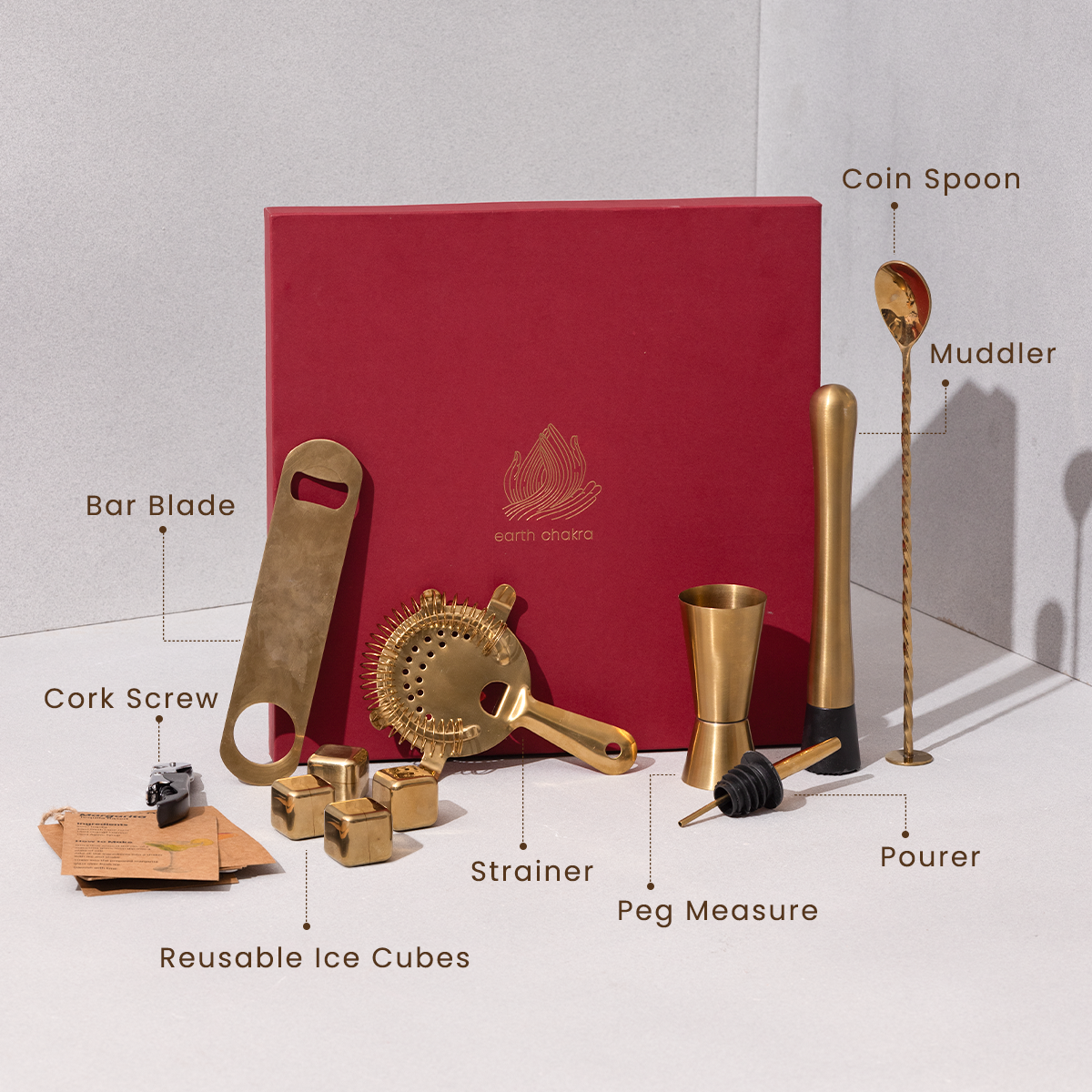 Gift Hamper | Bar Tool Kit | Set of 8 | Brass Finish