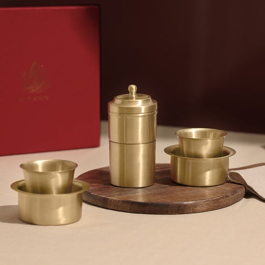 Pure Brass Filter Coffee & Dabara Set | Gold | Set of 3 | Gift Box Set