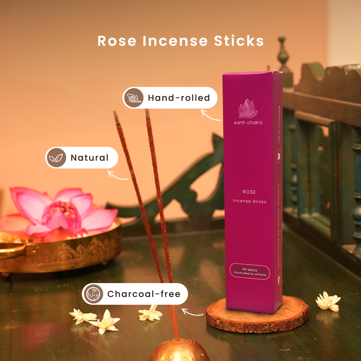 Rose Incense Sticks | Pack of 40 | Charcoal-free