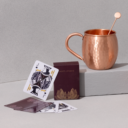 Pure Copper Moscow Mule Mugs with Stirrers and Playing Cards | Handcrafted 100% Pure Copper | Game Night Combo | Wedding Gift Hamper